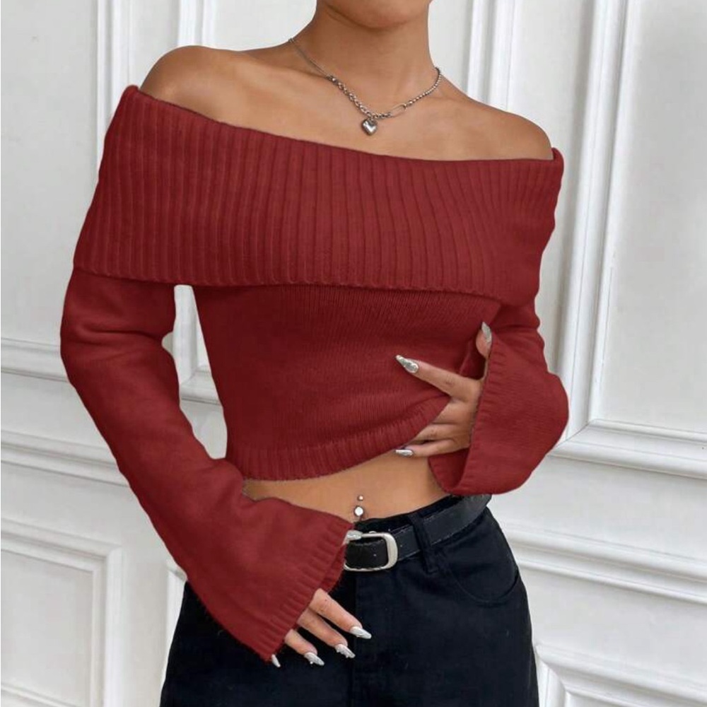 Light red off the shoulder sweater SHEIN